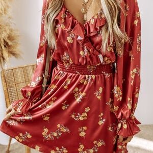 B171 Red Clay Floral Print Shirred Waist Ruffled Trim V Neck Mini Dress